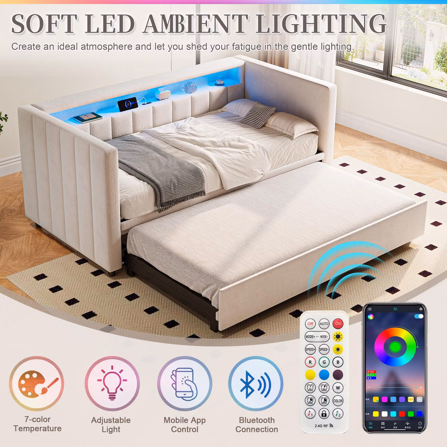 Aosom UK Beige Upholstered Velvet Sofa Bed with Pull-Out Frame, LED Lighting and USB Charging, W/D/H: 201 x 100 x 73 cm – 2