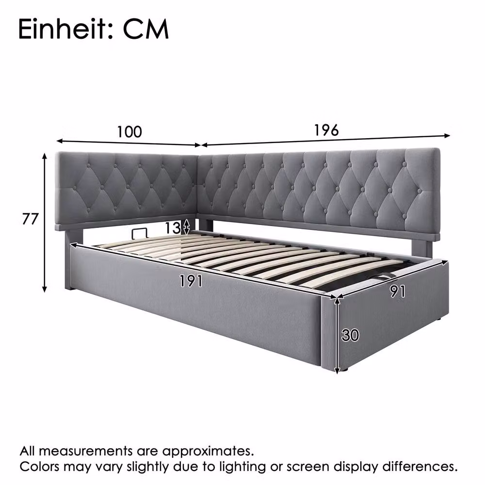 Matteo Single Sofa Bed with Hydraulic Storage in Grey, W/D/H: 90 x 190 cm – 2
