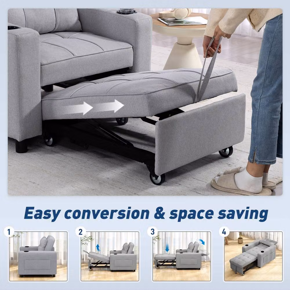 HOMCOM 3-in-1 Convertible Sofa Bed and Sleeper Chair with Adjustable Backrest in Grey Fabric – 3