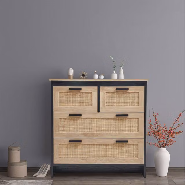 Livingandhome Black Lacquered Wooden Storage Cabinet with Rattan Drawer
