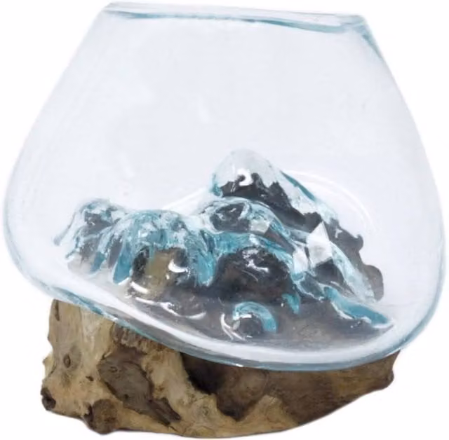 KDMD Handmade Molten Glass on Wood Bowl in Transparent Clear – 1