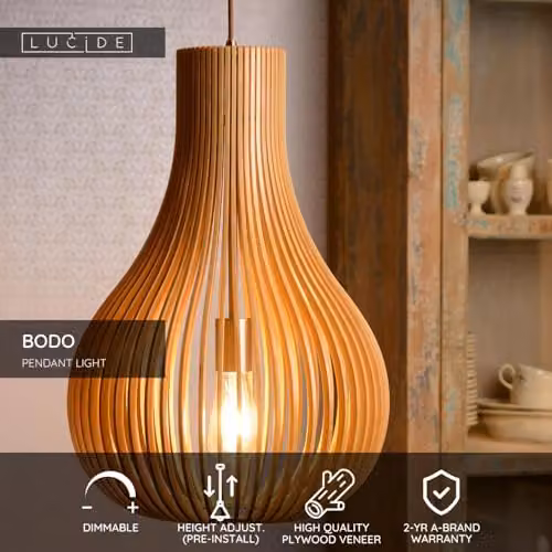 Lucide Bodo Scandinavian Style Dimmable Adjustable Pendant Light, Brown Wood, Diameter: 38 cm – 2