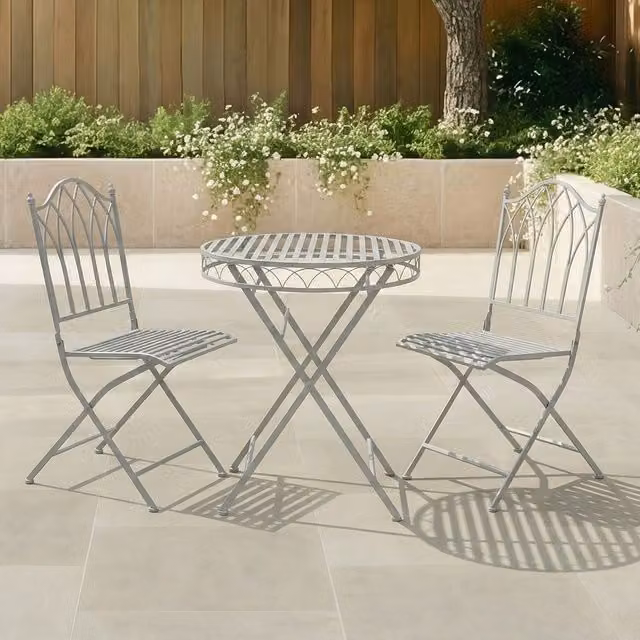 Charles Bentley Wrought Iron Bistro Set in Grey, Powder Coated Steel Outdoor Garden Furniture Set with Folding Top, W/D/H: 60 x 60 x 76 cm