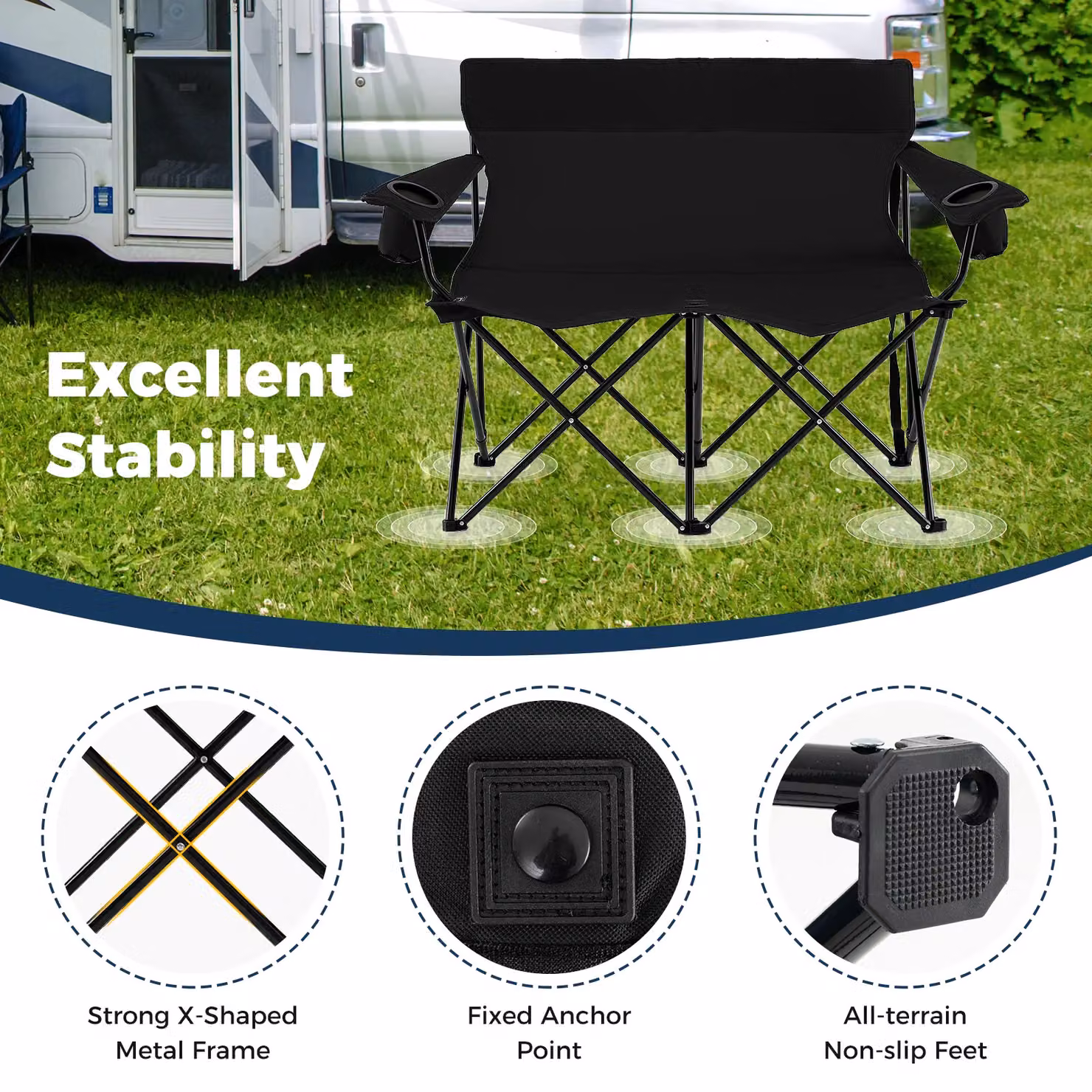 Gymax Oversized Double Camping Chair for 2 Adults in Black with Armrests and Cup Holders – 6