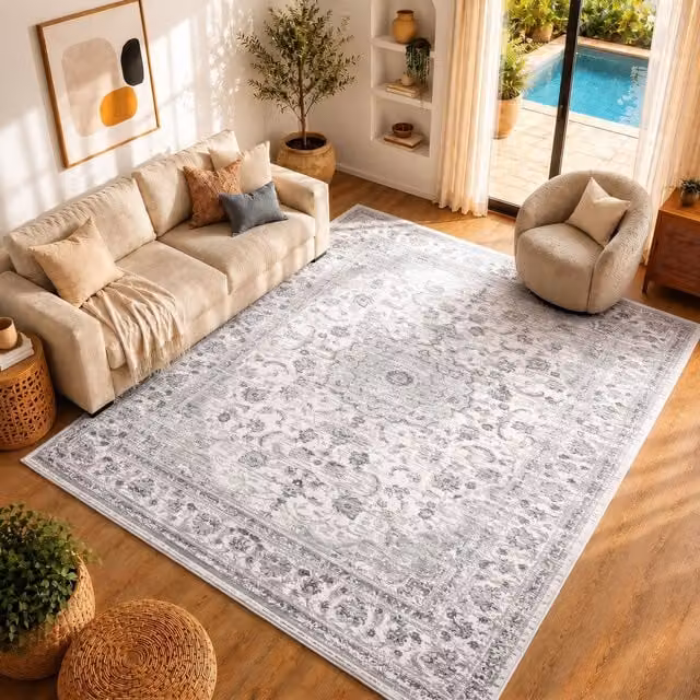 Livabliss Monte Carlo Vintage Boho Rectangular Rug in Grey and White, W: 200 cm, D: 275 cm