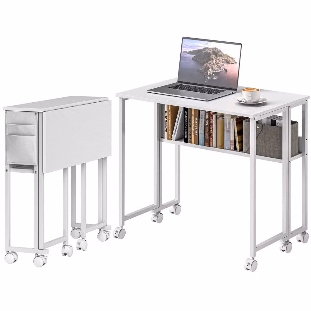 STILVORA White Drop Leaf Writing Desk with Shelves and Castors – 3