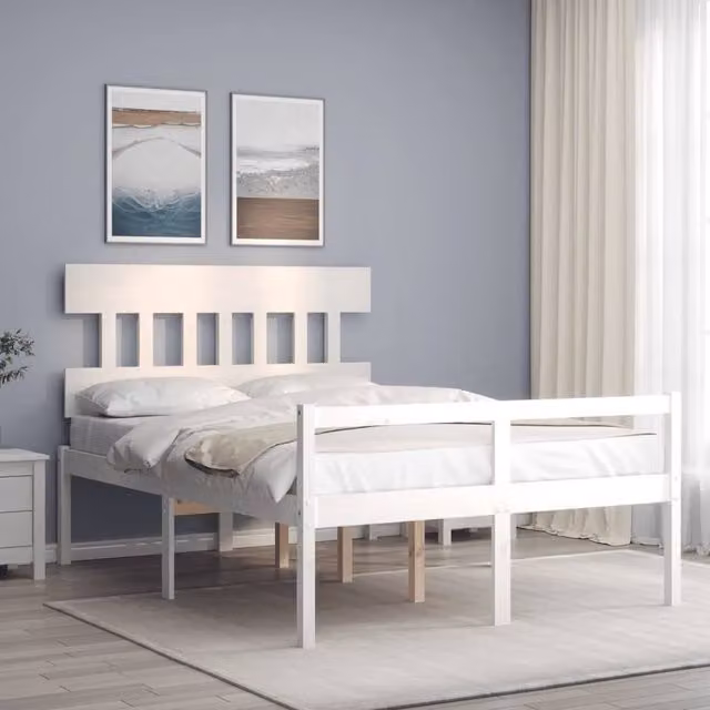 Berkfield Home Small Double Bed Frame with Headboard in White Solid Pine Wood, W/D/H: 120 x 200 cm – 1