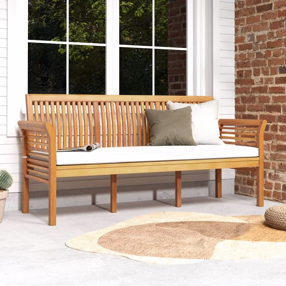 Costway 3-Person Acacia Wood Garden Bench with Armrests and White Polyester Seat Cushions, 159 cm Wide – 7