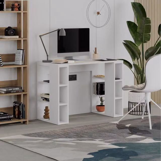 Decortie Colmar White Writing Desk with 3 Open Shelves W: 106 cm, H: 75 cm, D: 50 cm