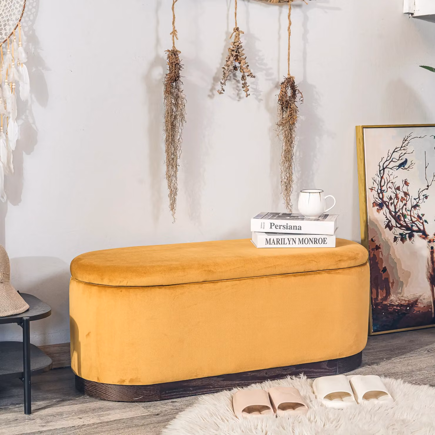 Nordlys Scandinavian Design Velvet Upholstered Storage Bench in Yellow – 2