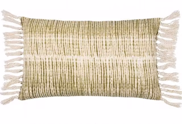 Sono Ink Abstract Fringed Rectangular Cushion in Green with Polyester and Feather Filling
