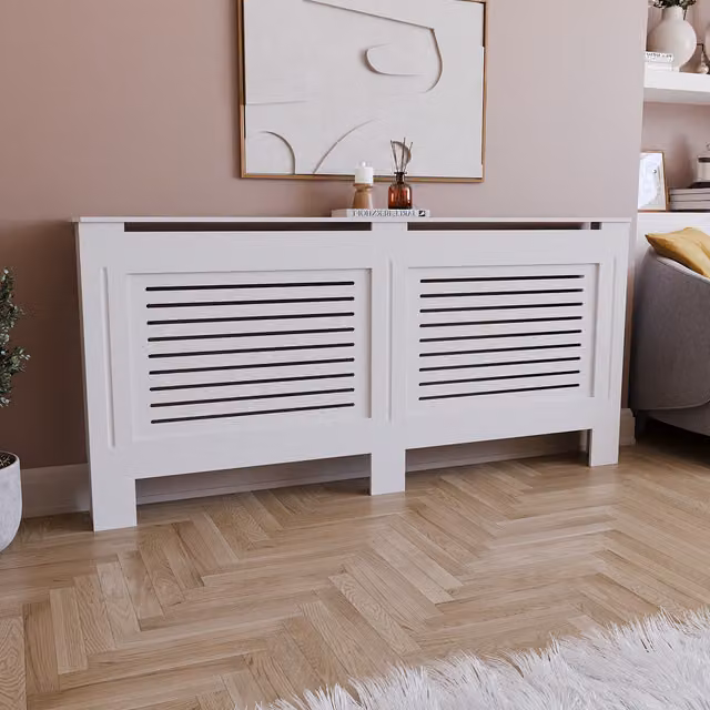 Vida Designs Chelsea White Radiator Cover with Shelf and Grid Pattern – 1