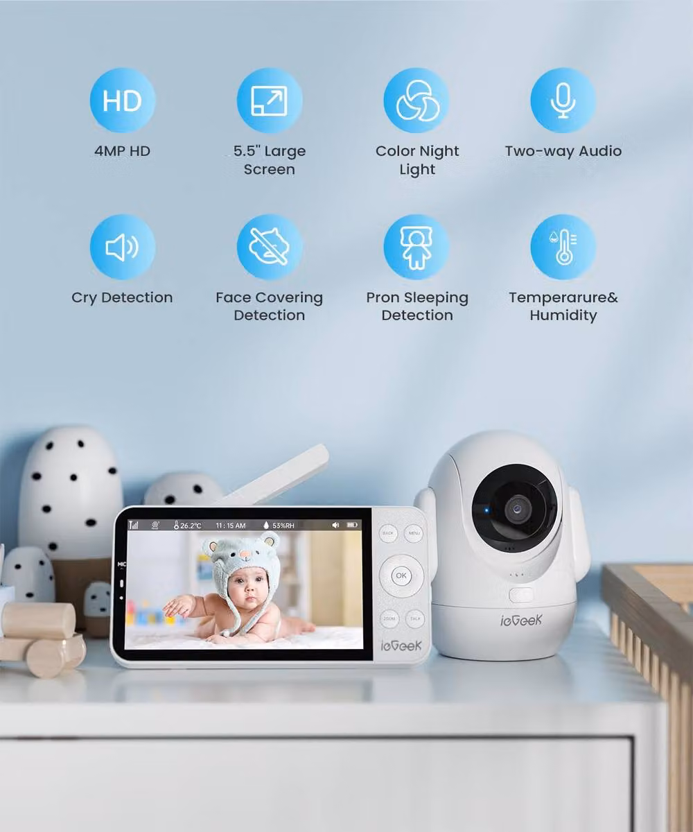 iegeek White 2.5K Baby Monitor with 5.5 inch Screen, 360 degree PTZ, Face and Cry Detection, Night Vision and Temperature Display – 2