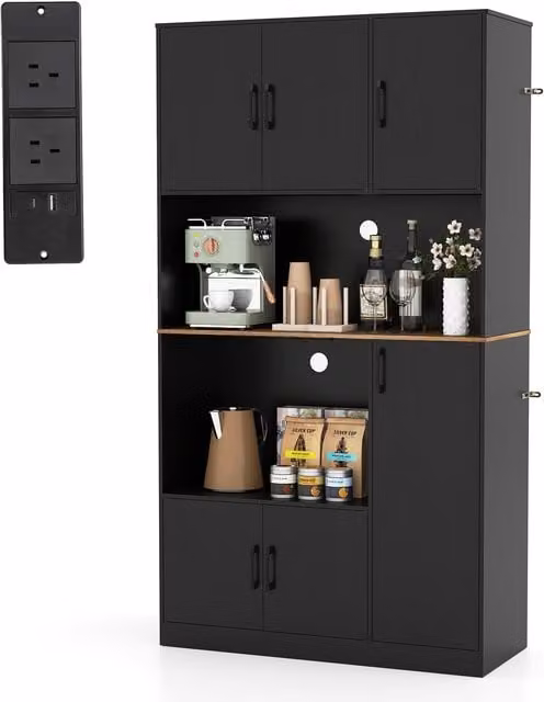 COSTWAY Modern Tall Pantry Cabinet in Black with Hinged Doors and Open Shelving, Height: 180 cm