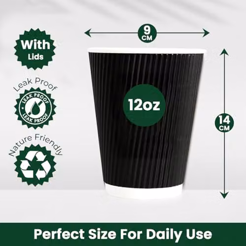 ECONX 100 Pack Black Ripple Triple Wall Disposable Coffee Cups with White Lids, 12oz – 2
