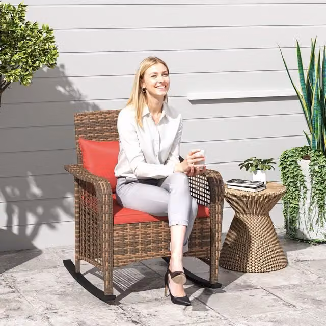 Outsunny Red Polyrattan Garden Rocking Chair with Armrests and Cushions