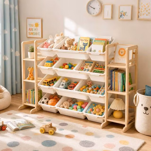GALACTICA Kids Wooden Toy Storage Organizer and Bookshelf with Storage Bin, Yellow