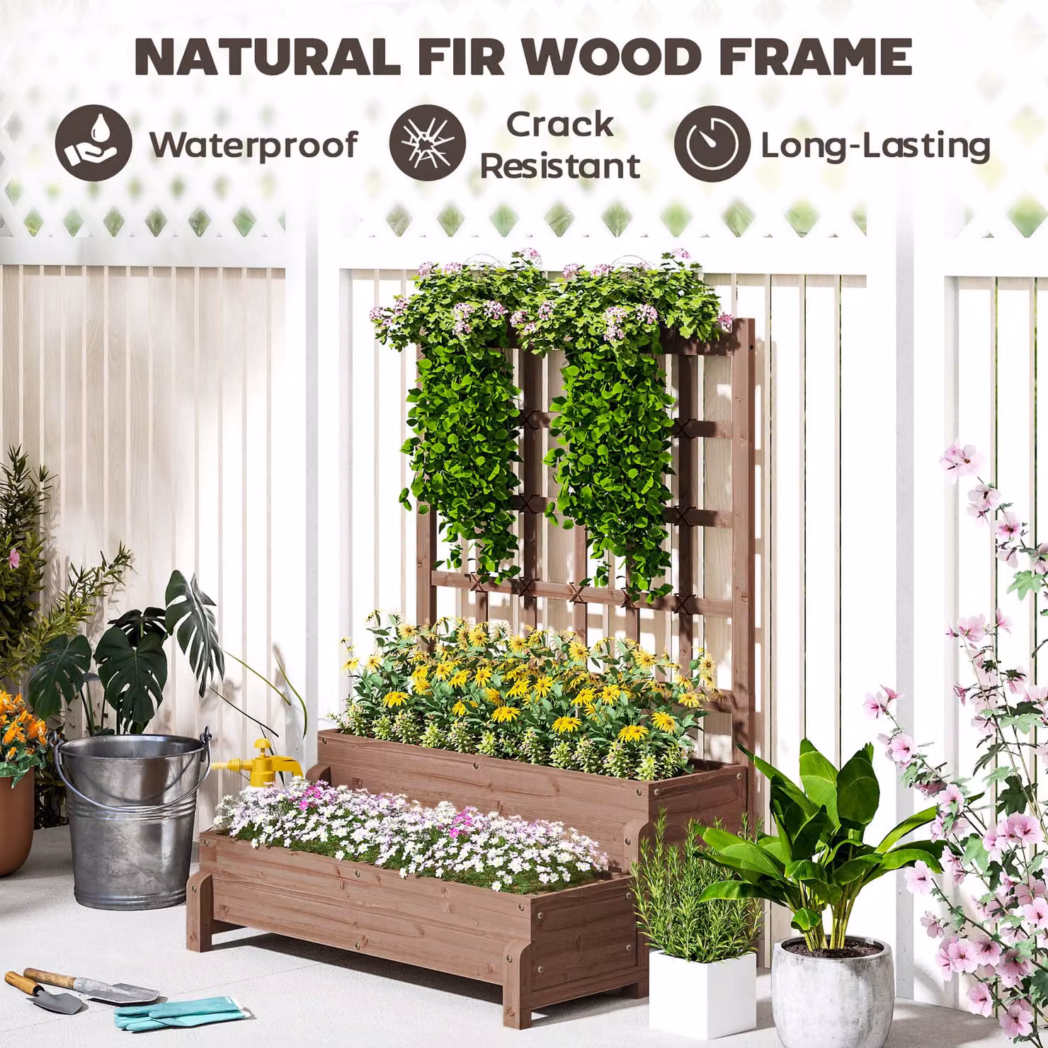 Outsunny 2-Tier Wooden Raised Garden Bed with Trellis and Drainage Holes, Brown, W/D/H: 121 x 66 x 88 cm – 6