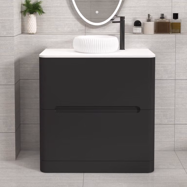 Royal Bathrooms Venice 800mm Matt Nocturne Black Floor Standing 2 Drawer Vanity Unit with Plain White Worktop and Milan Basin