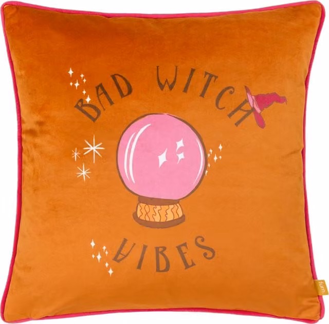 Make it a Home Bad Witch Vibes Velvet Piped Cushion in Pumpkin Orange and Purple with Polyester and Feather Filling