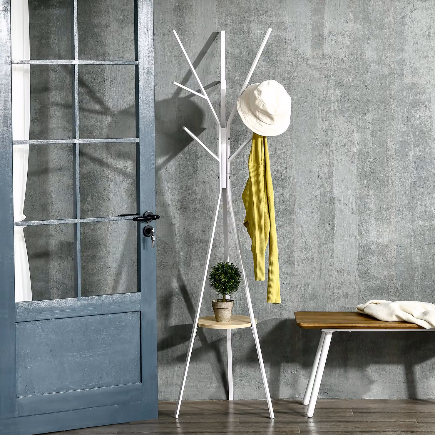 HOMCOM Metal Coat Rack Stand in White with 9 Hooks and 1 Shelf, Height: 180 cm – 2