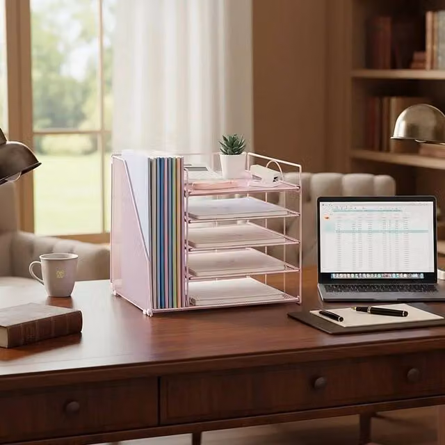 FORGEVIO 5 Tier Stackable A4 Metal Letter Tray in Pink, W: 28.5 cm, D: 26.5 cm, H: 31.5 cm