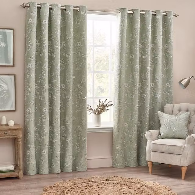 Make It A Home Sophia Jacquard Floral Eyelet Curtains, Green, W: 137 cm, H: 229 cm, Set of 2