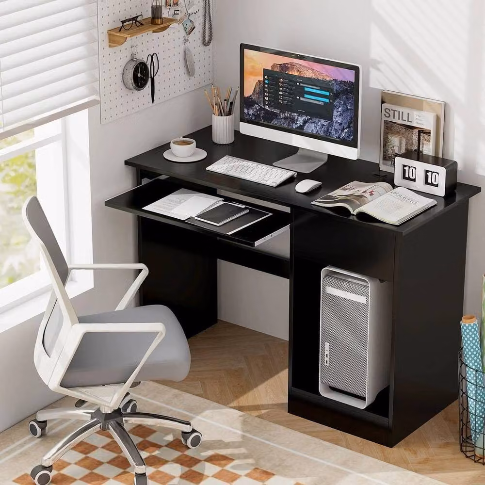 EONLION Modern Black Wooden Computer Desk with Grommet and Keyboard Tray – 4