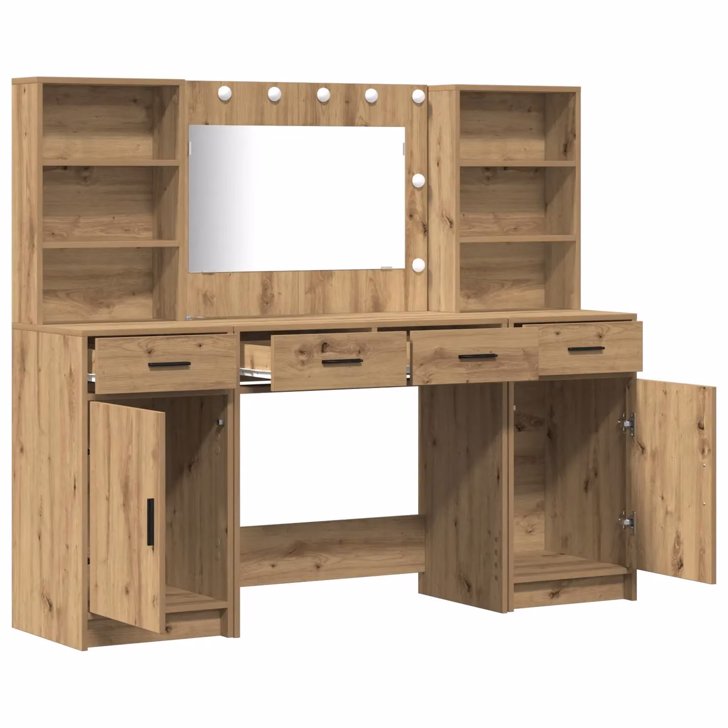 Berkfield Home Hollywood LED Modern Dressing Table Set in Brown Oak Wood Finish – 2