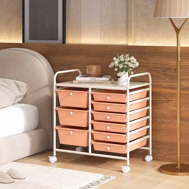 Costway 9 Drawer Rolling Storage Cart with Castors in Light Pink