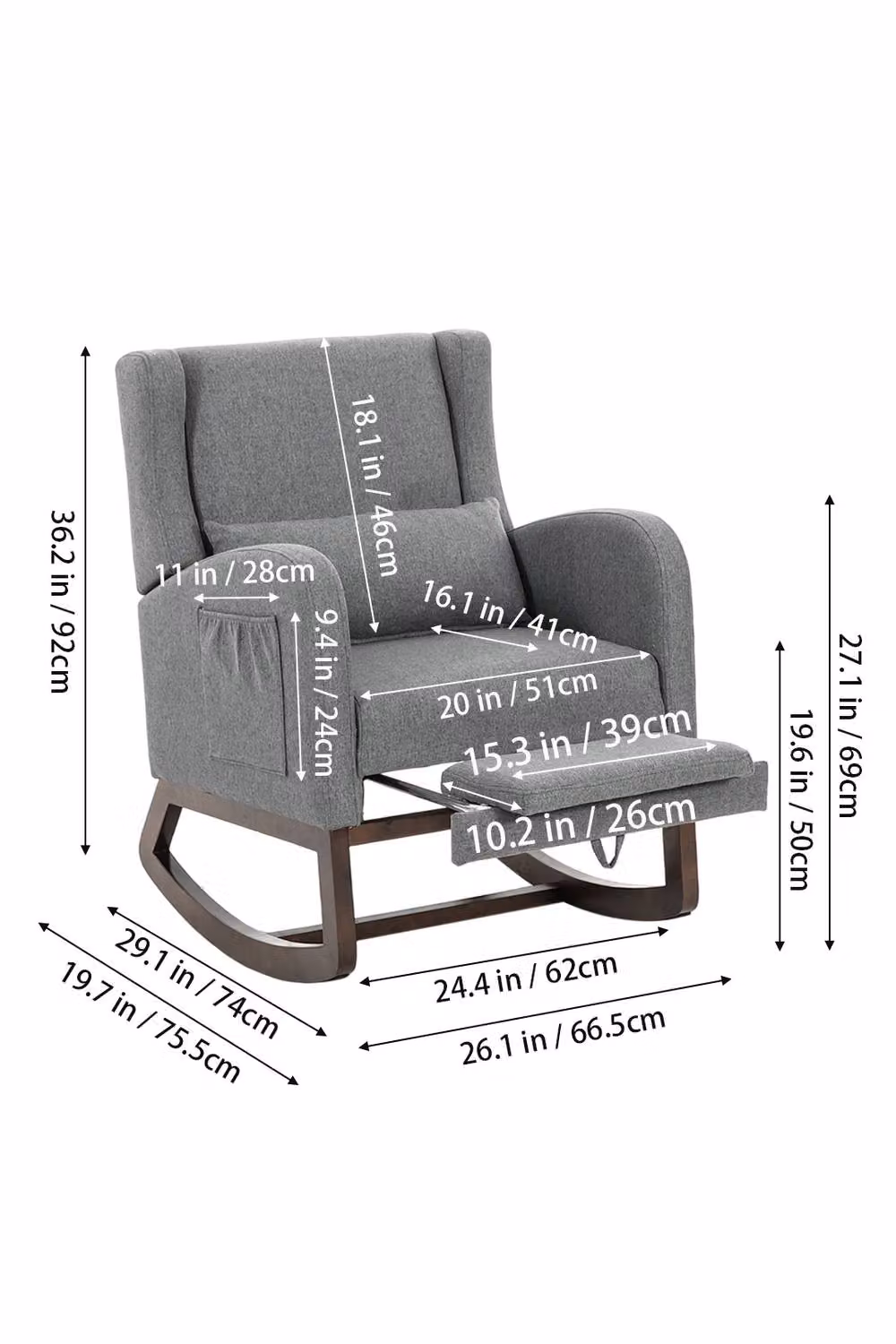 Living and Home Grey Fabric Upholstered Rocking Chair with Armrests – 3