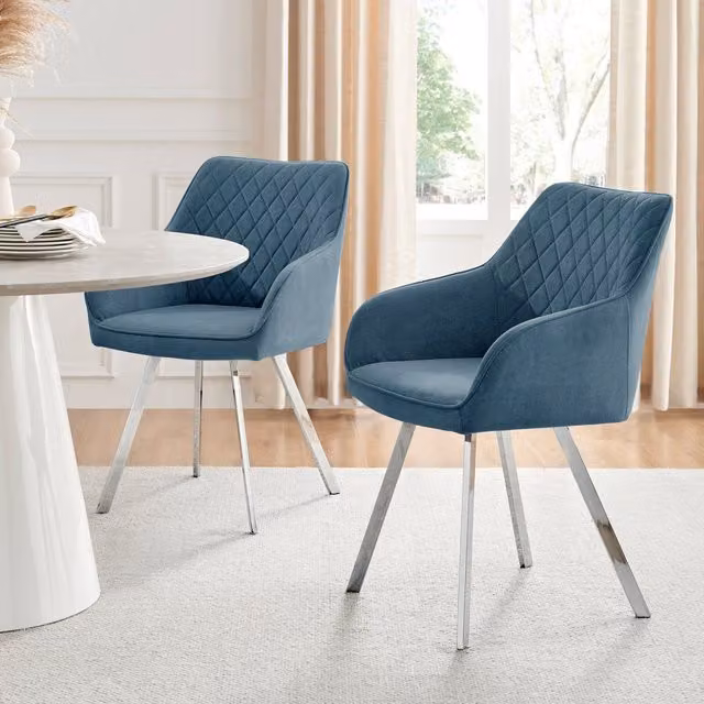 FurnitureboxUK Set of 2 Falun Deep Padded Dining Chairs in Blue Fabric with Silver Chrome Legs