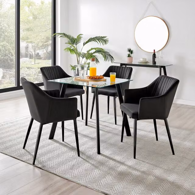 FurnitureboxUK Seattle Square Glass Dining Table and 4 Calla Black Leg Chairs in Black and Transparent