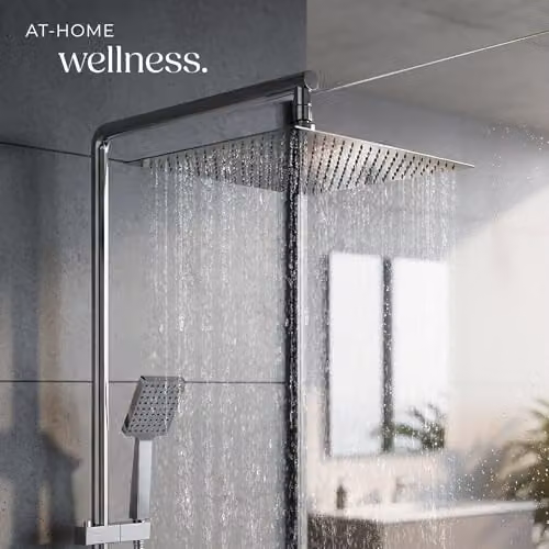 tectake Rainfall Shower Head in Polished Stainless Steel with Swivel and Tiltable Ball Joint, Square Overhead Design with Limescale-Repellent Silicone Nozzles, W: 30 cm x D: 30 cm, Silver – 3