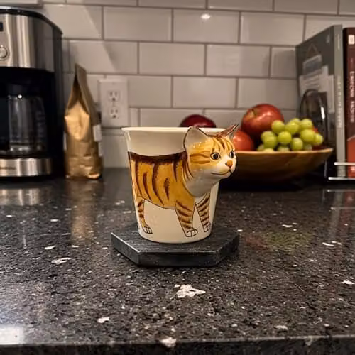 Thai Gifts Handmade Ceramic Ginger Cat Mug in White and Orange with 3D Handle – 3
