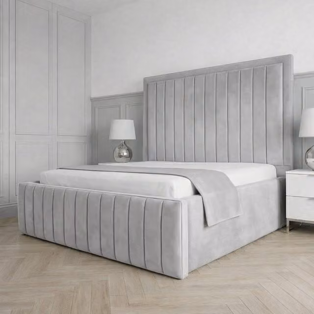 Living Comfort Bedz Sovereign Silver Velvet Upholstered Gas Lift Storage Bed with 48 Inch Headboard, Size: Super King (200 x 200 cm) – 1