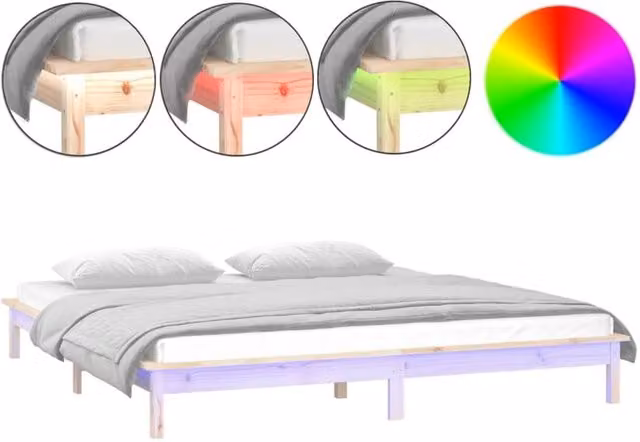 Berkfield Home LED Bed Frame in Light Tan Solid Pine Wood with Under-Bed Lighting and USB Charging Port, W/D/H: 160 x 200 cm – 1