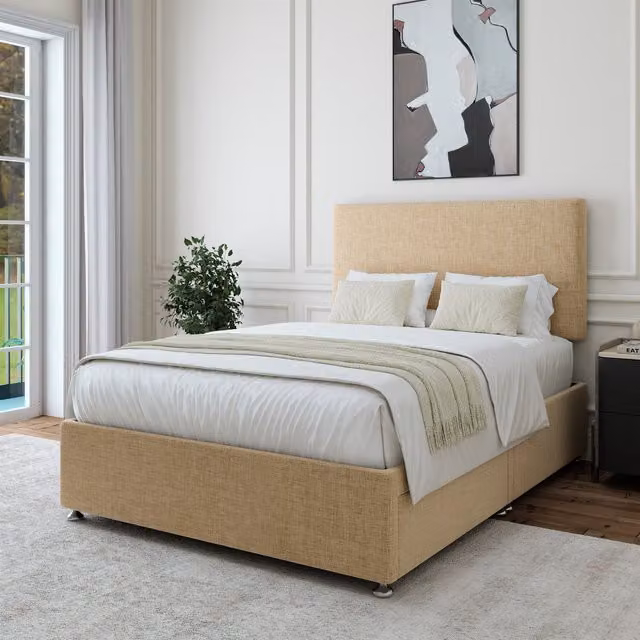 Bedmaster Upholstered Linen Divan Base with Storage Drawers and Plain Headboard, Beige/Yellow, Width: 120 cm