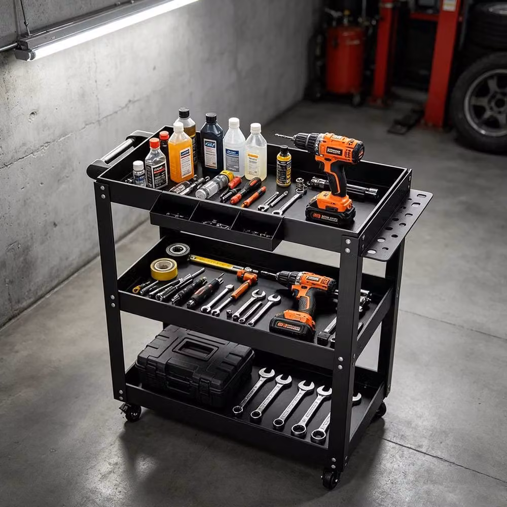 FORGEVIO Heavy Duty Steel Garage Trolley Workshop Wheel Cart, Black – 4