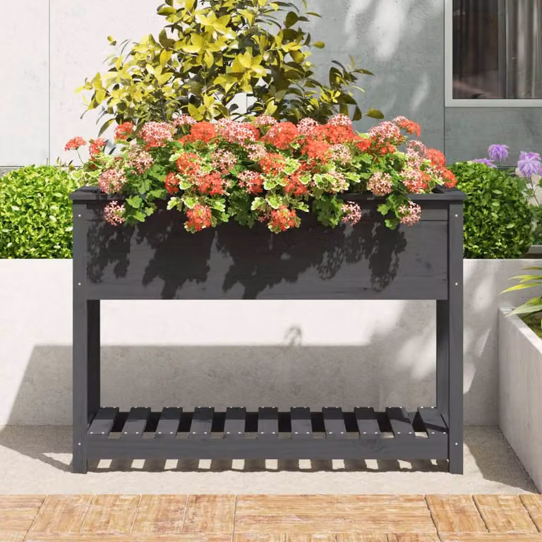 Berkfield Rustic Pine Planter with Shelf, Grey, W: 111.5 cm, D: 54 cm, H: 81 cm