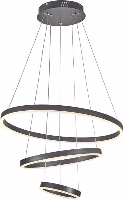 Living Star Modern 3 Ring Aluminum Round Hanging LED Pendant Light in Black, 54W