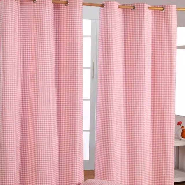 Homescapes Pink Cotton Checked Eyelet Curtain Pair, Width: 228 cm, Height: 137 cm