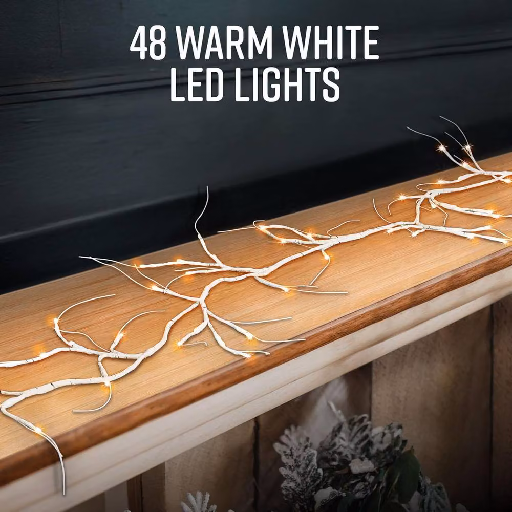 Globrite 6ft Birch Christmas Garland with 48 LED Lights, Battery Operated, White – 2