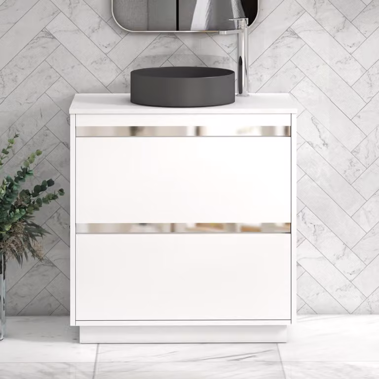 Royal Bathrooms Orion 800mm Matt White Floor Standing 2 Drawer Vanity Unit with Art Round Basin and Chrome Accent Trim