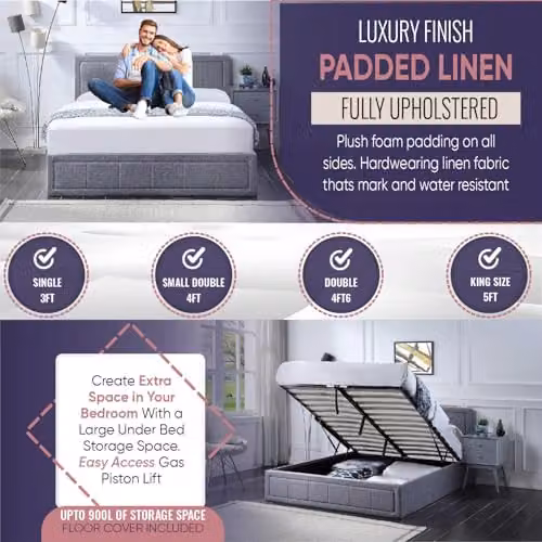 Home Treats Grey Fabric Upholstered Ottoman Small Double Bed Frame W/D/H: 120 x 200 x 88 cm – 6