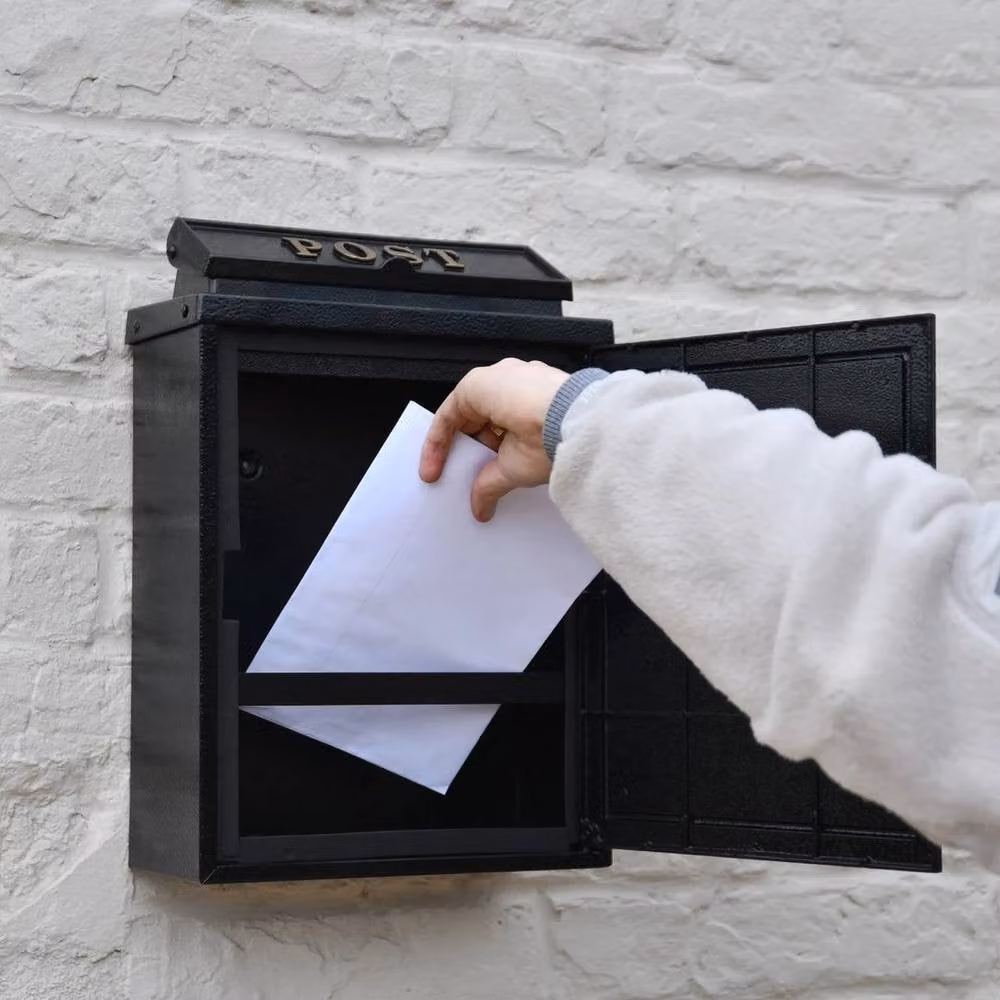 NESTLUNE Black Wall Mounted Post Box with Gold Text – 3