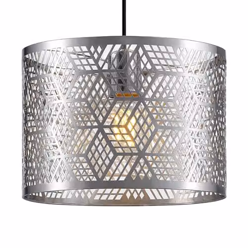 Innoteck Modern Chrome Metal Drum Lampshade with Cube-Pattern Cut-Out Design for E27 Holders and B22 Adaptor – 1