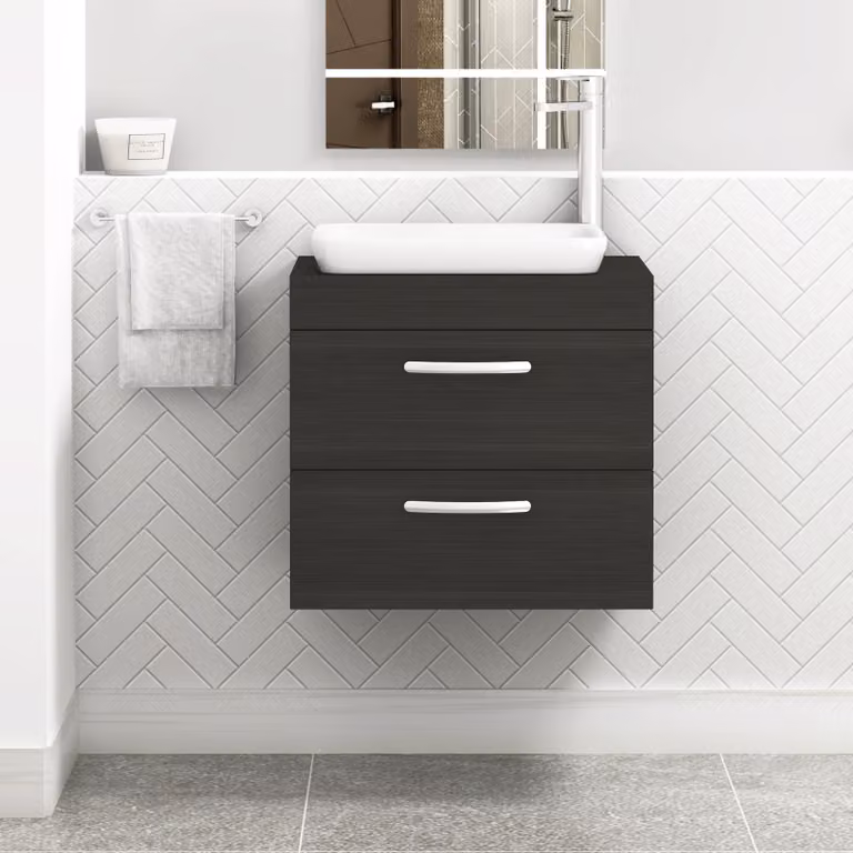 Royal Bathrooms Turin 600mm Wall Hung Vanity Unit with 2 Drawers and Countertop Basin in Charcoal Oak and Anthracite Grey