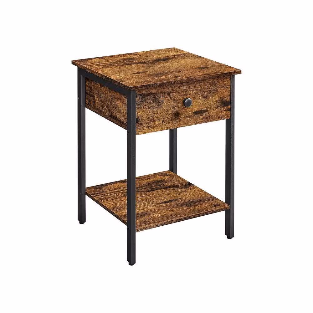 Pirlo Plush Industrial Bedside Table with Drawer and Shelf in Rustic Brown – 5