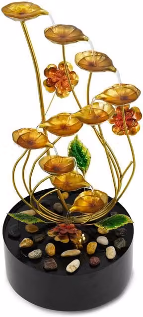 GEEZY Gold Metal Spiral Cascade Water Feature with LED Lights for Indoor or Outdoor Use